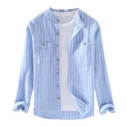 GIBZ Lässige Baumwoll Leinen Knopfhemd für Herren mit Tasche Streifen Leinenhemd Langarm Hemd mit Stehkragen, Blau, XL von GIBZ