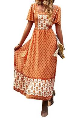GIBZ Landhausstil Kleider für Damen Fließendes Kurzarm Blumen Vintage Sommer Kleid, Orange, L von GIBZ