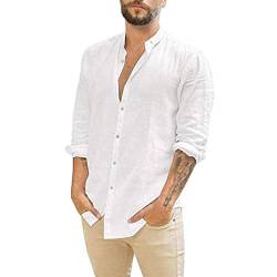 GIBZ Leinenhemden Herren Einfarbig Lässig Stehkragen Button Down Hemden Weiß 3XL von GIBZ