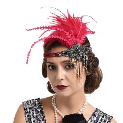 GIBZ Strass Flapper Stirnband mit Feder Vintage Roaring 1920er Gatsby Party Kopfschmuck Festival Haarband für Damen, Rot von GIBZ