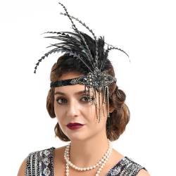 GIBZ Strass Flapper Stirnband mit Feder Vintage Roaring 1920er Gatsby Party Kopfschmuck Festival Haarband für Damen, Schwarz von GIBZ
