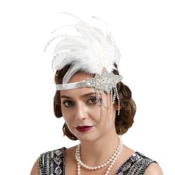 GIBZ Strass Flapper Stirnband mit Feder Vintage Roaring 1920er Gatsby Party Kopfschmuck Festival Haarband für Damen, Weiß von GIBZ