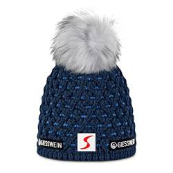 GIESSWEIN ÖSV Beanie Älplihorn - Merino Mütze mit Kunfstfell Bommel, Ski Austria Beanie, Damen Strickmütze aus Merinowolle, Warm gefütterte Skimütze von GIESSWEIN