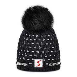 GIESSWEIN ÖSV Beanie Älplihorn - Merino Mütze mit Kunfstfell Bommel, Ski Austria Beanie, Damen Strickmütze aus Merinowolle, Warm gefütterte Skimütze von GIESSWEIN