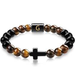 GIFT4U Armband mit Buchstaben, 8 mm Perlenarmband Herren Tigerauge Perlenarmband Herren, Kreuz Armband Geschenke für Männer, Christliche Geschenke für Mama Papa Sohn Enkel Opa-G von GIFT4U