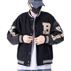 GIJOVANA College Jacke Herren Oldschool Sportjacke Varsity Jacket Patchwork Collegiate Baseballjacke Stehkragen Streetwear(Schwarz,3XL) von GIJOVANA