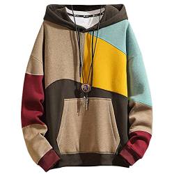 GIJOVANA Hoodie Herren Pullover Langarm Sweatshirt In Farbblock Casual Streetwear Kapuzenpullover mit Kordelzug und Tasche Techwear Hip Hop(Khaki,2XL) von GIJOVANA