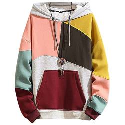 GIJOVANA Hoodie Herren Pullover Langarm Sweatshirt In Farbblock Casual Streetwear Kapuzenpullover mit Kordelzug und Tasche Techwear Hip Hop(Rosa,2XL) von GIJOVANA