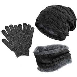 GIKPAL Stretchy Knitted Beanie Mütze Nackenwärmer mit Touchscreen Handschuhen,Unisex Winter Mütze Schal mit weicher Fleece-Innenseite und Handschuhe Set für Outdoor Sport Joggen Skifahren(Grau) von GIKPAL