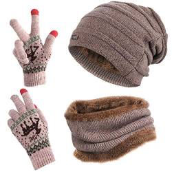 GIKPAL Wintermütze Warm Strickmütze und Schal Handschuh Set Beanie Mützen mit Fleecefutter für Damen und Herren (Khaki) von GIKPAL