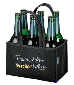 Gilde Flaschentasche mit Stick Grillen, chillen, Bierchen Killen in Schwarz für 6 Flaschen, 49924 von GILDE