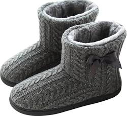 GILKUO Hausschuhe Damen Winter Hausstiefel Warm Plüsch Fell Gefüttert Hüttenstiefel Hohe Hüttenschuhe Pantoffeln Frauen Feste Sohle Grau Größe 35 36 von GILKUO