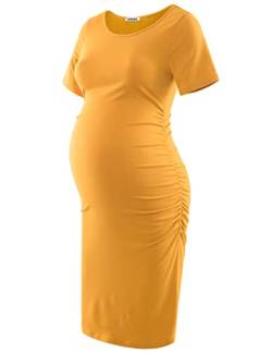 GINKANA Figurbetontes Schwangerschaftskleid mit kurzen Ärmeln und gerüschten Seiten, gelb, Klein von GINKANA