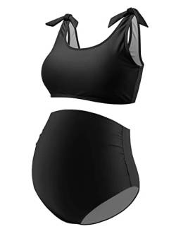 GINKANA Schwangerschafts-Bikini-Set, zweiteilig, Schwangerschafts-Badeanzug, Schultergurte, hohe Taille, Bademode, Schwangerschafts-Badeanzüge, Schwarz, Large von GINKANA