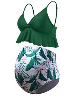 GINKANA Umstands-Bikini-Set, Volant, Badeanzug, Oberteil, Bademode, Unterteil, Badeanzüge, Grünes Blatt Rosa Blume, Medium von GINKANA