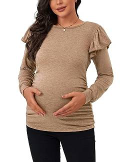 GINKANA Umstands-Shirts Langarm Casual Rüschen Rüschen Schulter Bodycon Schwangerschaft Tops T-Shirt Tunika für den täglichen Gebrauch, Khaki, X-Groß von GINKANA