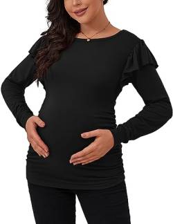 GINKANA Umstands-Shirts Langarm Casual Rüschen Rüschen Schulter Bodycon Schwangerschaft Tops T-Shirt Tunika für den täglichen Gebrauch, Schwarz, X-Groß von GINKANA