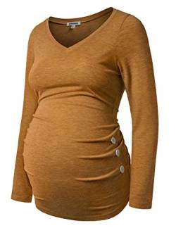 GINKANA Umstandsshirt Langarm Basic Top Rüschen Seiten Knöpfe T-Shirt für Schwangere, Braun, Mittel von GINKANA