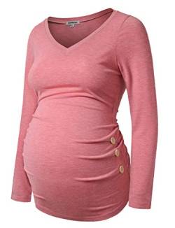 GINKANA Umstandsshirt Langarm Basic Top Rüschen Seiten Knöpfe T-Shirt für Schwangere, Rose, Mittel von GINKANA