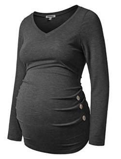 GINKANA Umstandsshirt Langarm Basic Top Rüschen Seiten Knöpfe T-Shirt für Schwangere, grau dunkel, Mittel von GINKANA