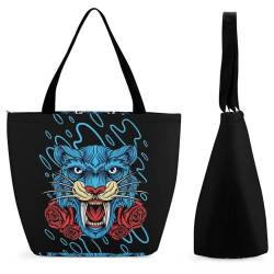 GIOKQB Blauer Leopard Blume Damen Handtasche Shopper Umhängetasche Schultertasche Tragetasche Mit Reißverschluss 28.5x18x32.5cm von GIOKQB