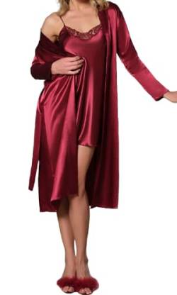 GIONA Damen Satin Sexy Morgenmantel mit Nachthemd Zweiteiliger Nachtwäsche Bademantel Kurz Negligee Set Seiden (Bordeaux, L) von GIONA