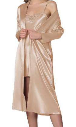 GIONA Damen Satin Sexy Morgenmantel mit Nachthemd Zweiteiliger Nachtwäsche Bademantel Kurz Negligee Set Seiden (Karamell, M) von GIONA