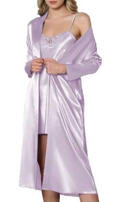GIONA Damen Satin Sexy Morgenmantel mit Nachthemd Zweiteiliger Nachtwäsche Bademantel Kurz Negligee Set Seiden (Lila, L) von GIONA