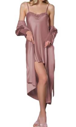 GIONA Damen Satin Sexy Morgenmantel mit Nachthemd Zweiteiliger Nachtwäsche Bademantel Kurz Negligee Set Seiden (Rose, L) von GIONA