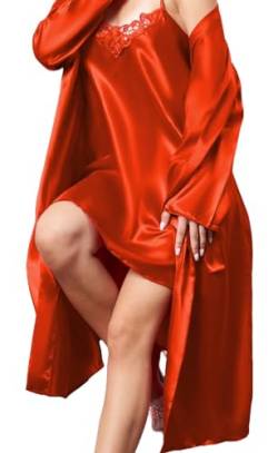 GIONA Damen Satin Sexy Morgenmantel mit Nachthemd Zweiteiliger Nachtwäsche Bademantel Kurz Negligee Set Seiden (Rot, M) von GIONA