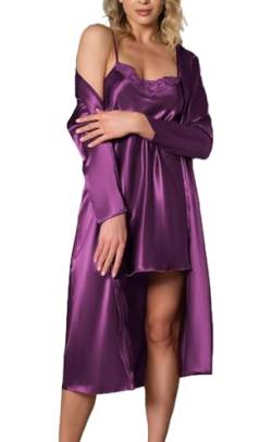 GIONA Damen Satin Sexy Morgenmantel mit Nachthemd Zweiteiliger Nachtwäsche Bademantel Kurz Negligee Set Seiden (Violette, L) von GIONA