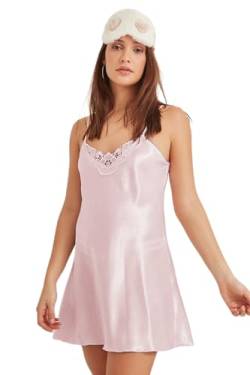 GIONA Negligee Lady Sexy Spitze Babydoll Nachthemd V Ausschnitt Nachthemd Kurz Satin Sommer Nachthemd Verstellbare Träger Frauen Nachtwäsche (Pulver, M) von GIONA