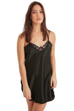 GIONA Negligee Lady Sexy Spitze Babydoll Nachthemd V Ausschnitt Nachthemd Kurz Satin Sommer Nachthemd Verstellbare Träger Frauen Nachtwäsche (Schwarz, M) von GIONA