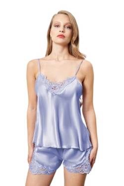 GIONA Schlafanzug Damen Sexy Pyjama Set Satin Nachtwäsche Sommer Kurz Hausanzug Spitzen Top und Shorts Negligee V-Ausschnitt Sleepwear (DE/NL/SE/PL, Alphanumerisch, L, Regular, Regular, Royal) von GIONA