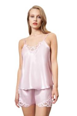 GIONA Schlafanzug Damen Sexy Pyjama Set Satin Nachtwäsche Sommer Kurz Hausanzug Spitzen Top und Shorts Negligee V-Ausschnitt Sleepwear (DE/NL/SE/PL, Alphanumerisch, M, Regular, Regular, Pulverfarbe) von GIONA