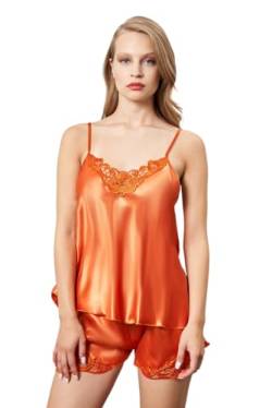 GIONA Schlafanzug Damen Sexy Pyjama Set Satin Nachtwäsche Sommer Kurz Hausanzug Spitzen Top und Shorts Negligee V-Ausschnitt Sleepwear (DE/NL/SE/PL, Alphanumerisch, S, Regular, Regular, Orange) von GIONA