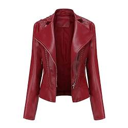 GITVIENAR Damen Bikerjacke Kunstleder, PU Lederjacke mit Reißverschluss Herbst Winter Kunstlederjacke kurzmantel Jacke Kurze (Rot, M) von GITVIENAR