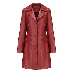 GITVIENAR Damen Langarm Leder Trenchcoat, Lange Lederjacke mit Stehkragen und Einreiher, Eleganter Mantel für Frauen (Weinrot,L) von GITVIENAR