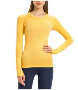 GITVIENAR Damen Langarm Running Shirt, figurbetontes Sportshirt mit Rundhalsausschnitt, atmungsaktive Yoga Tops für Fitness und Lauftraining (Leuchtendes Gelb,S) von GITVIENAR
