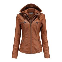 GITVIENAR Damen Lederjacke Kapuze Kunstleder Motorradjacke Bikerjacke Ladies Oberbekleidung mit Reißverschluss und Tasche (Braun, 3XL) von GITVIENAR