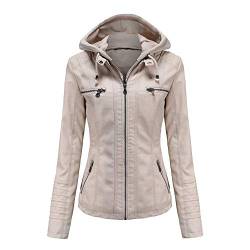 GITVIENAR Damen Lederjacke Kapuze Kunstleder Motorradjacke Bikerjacke Ladies Oberbekleidung mit Reißverschluss und Tasche (Hell-Pink, M) von GITVIENAR