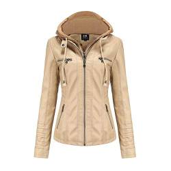 GITVIENAR Damen Lederjacke Kapuze Kunstleder Motorradjacke Bikerjacke Ladies Oberbekleidung mit Reißverschluss und Tasche (Hellbraun, XS) von GITVIENAR