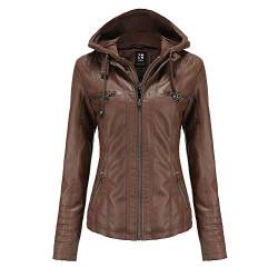 GITVIENAR Damen Lederjacke Kapuze Kunstleder Motorradjacke Bikerjacke Ladies Oberbekleidung mit Reißverschluss und Tasche (Kaffee, 3XL) von GITVIENAR