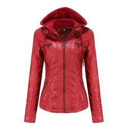 GITVIENAR Damen Lederjacke Kapuze Kunstleder Motorradjacke Bikerjacke Ladies Oberbekleidung mit Reißverschluss und Tasche (Rot, L) von GITVIENAR