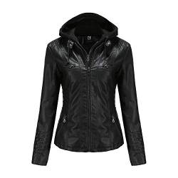 GITVIENAR Damen Lederjacke Kapuze Kunstleder Motorradjacke Bikerjacke Ladies Oberbekleidung mit Reißverschluss und Tasche (Schwarz, 3XL) von GITVIENAR