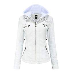 GITVIENAR Damen Lederjacke Kapuze Kunstleder Motorradjacke Bikerjacke Ladies Oberbekleidung mit Reißverschluss und Tasche (Weiß, XL) von GITVIENAR