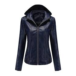 GITVIENAR Damen Lederjacke mit abnehmbarer Kapuze, Reißverschluss, Langarm, Tailliert, Gefütterte Ledermantel (Blau,L) von GITVIENAR