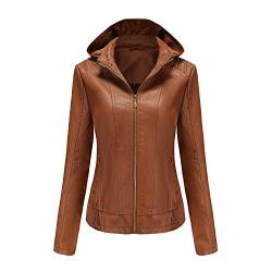 GITVIENAR Damen Lederjacke mit abnehmbarer Kapuze, Reißverschluss, Langarm, Tailliert, Gefütterte Ledermantel (Dunkelbraun,L) von GITVIENAR