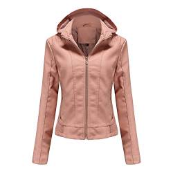 GITVIENAR Damen Lederjacke mit abnehmbarer Kapuze, Reißverschluss, Langarm, Tailliert, Gefütterte Ledermantel (Rosa,M) von GITVIENAR