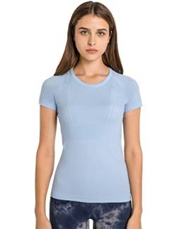 GITVIENAR Damen Sport T-Shirt Laufshirt Trainingsshirt Kurzarm Rundhals Atmungsaktiv Schnelltrocknend Top Oberteile für Fitness Yoga Gym,1er Pack (Blau, S) von GITVIENAR